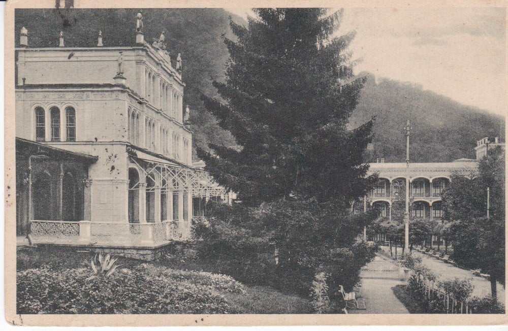 Carte poștală „Băile Herculane — parcul și salonul”, 1934, circulată Vicovu de Sus — Rădăuți