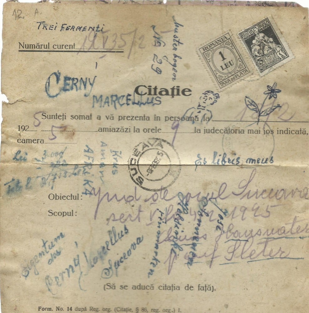 Fotografie: Document — citație din 1925, cu francatură multiplă