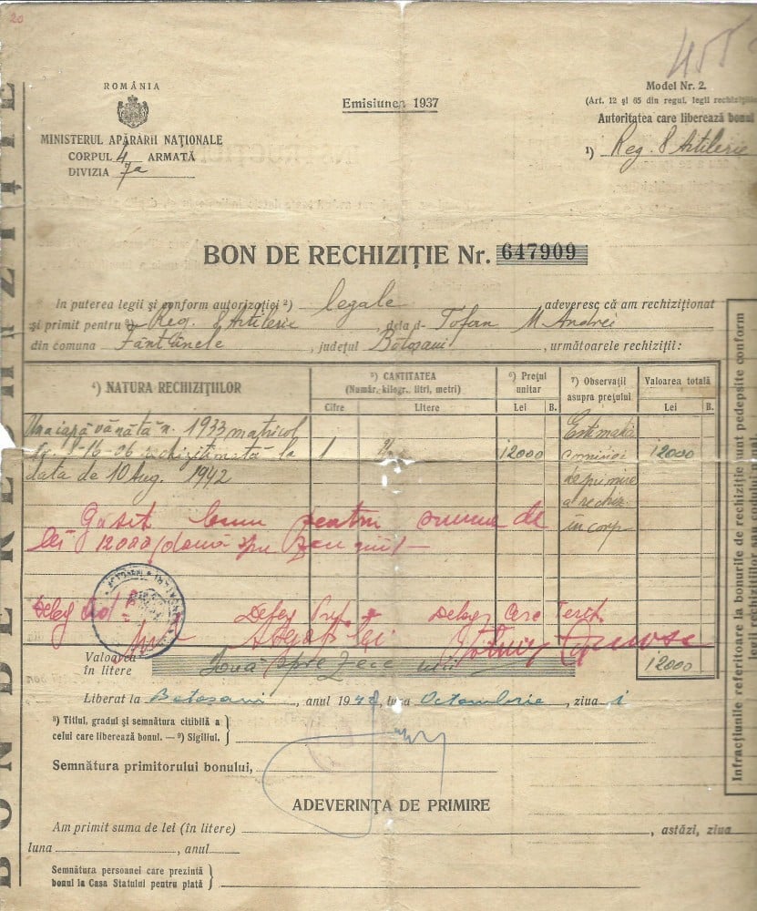 Fotografie: Document — bon de rechiziție, 1942
