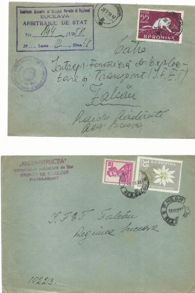 Fotografie: Lot de 4 plicuri circulate între localități din Bucovina, 1958–1963