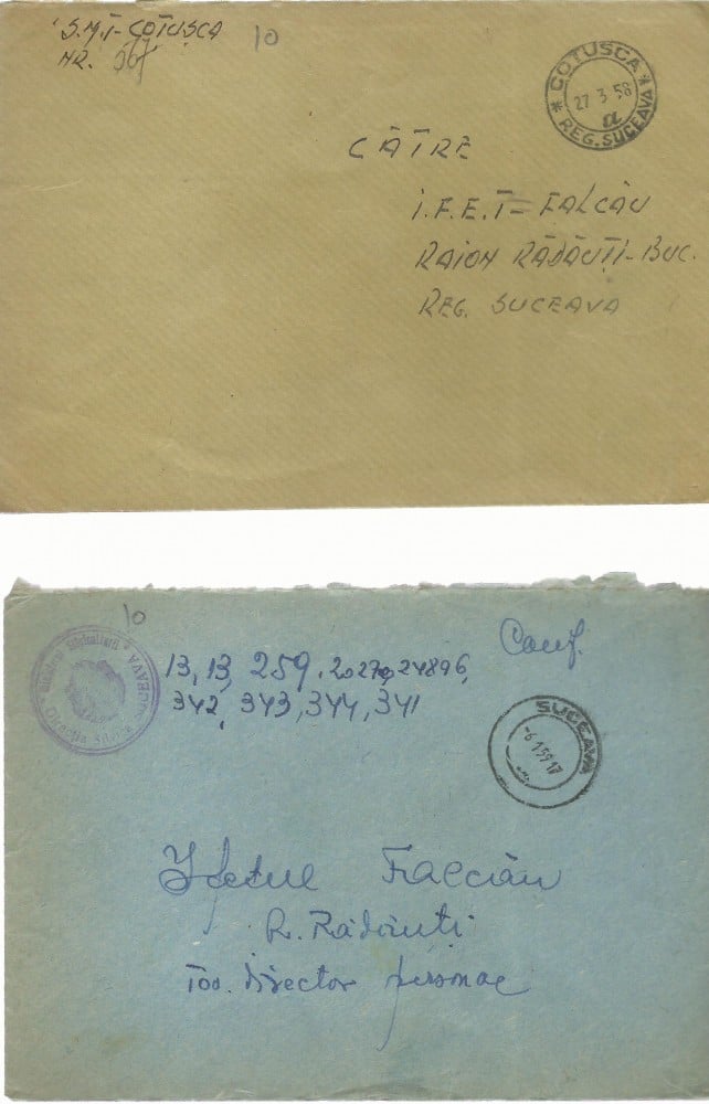 Fotografie: Lot de 4 plicuri circulate între localități din Bucovina, 1958–1959 (III)