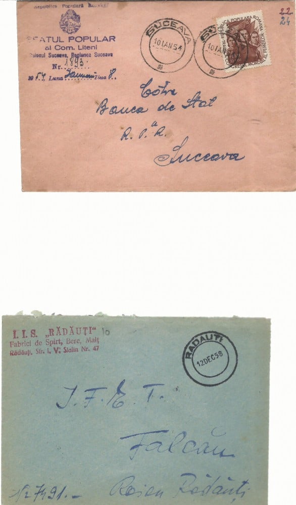 Fotografie: Lot de 4 plicuri circulate între localități din Bucovina, 1954–1958