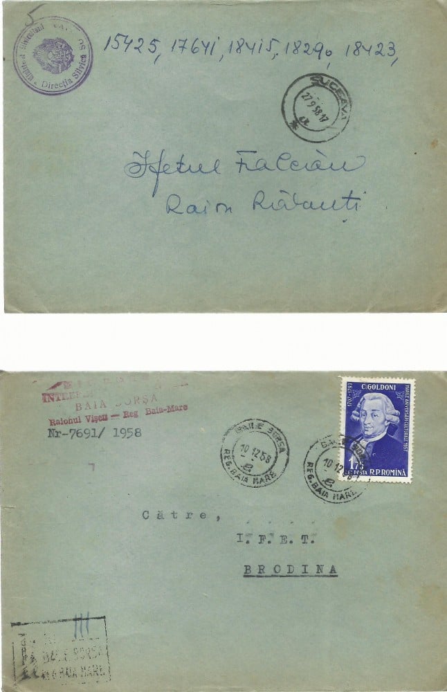 Fotografie: Lot de 4 plicuri circulate între localități din Bucovina, 1958 (V)