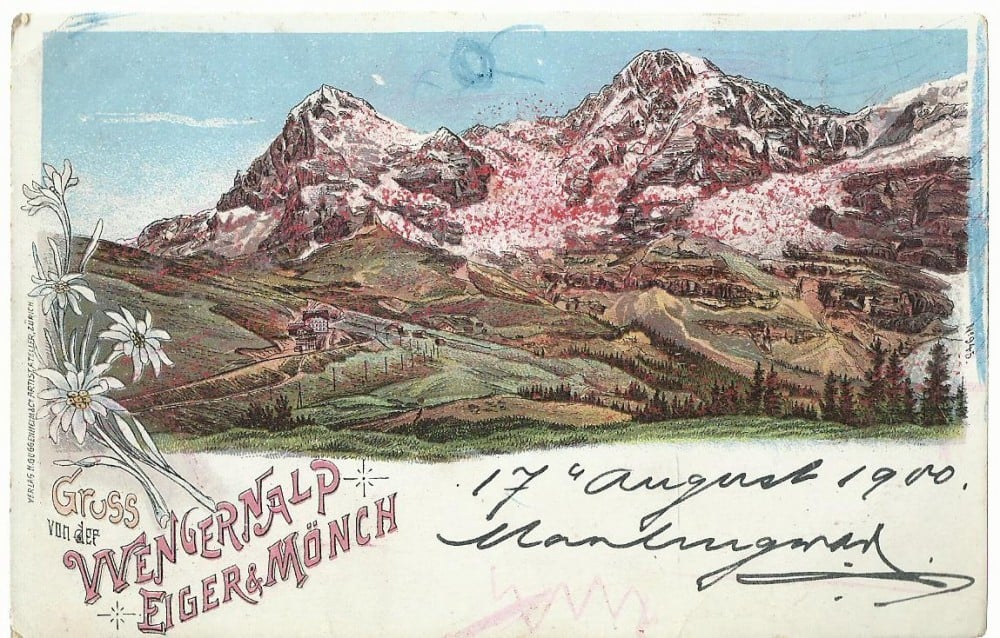 Fotografie: Litografie „Wengernalp — Eiger & Mönch”, circulată în 1900