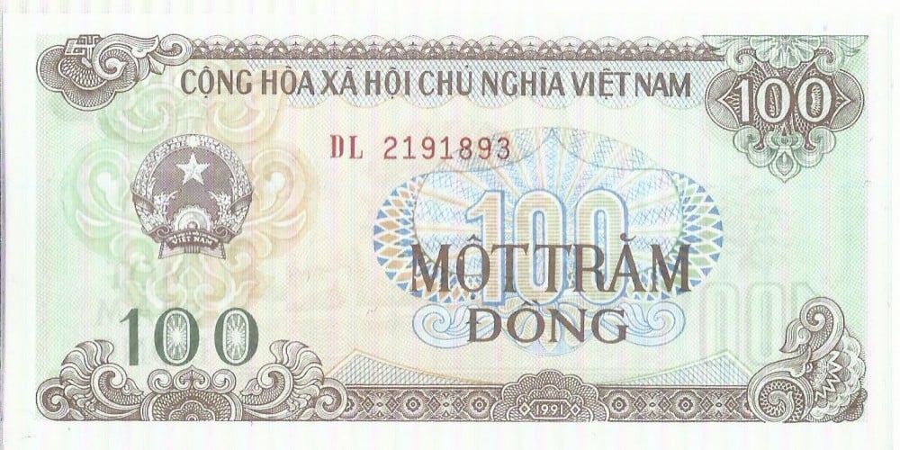 Fotografie: Bancnotă 100 de dongi, Vietnam, 1991, necirculată