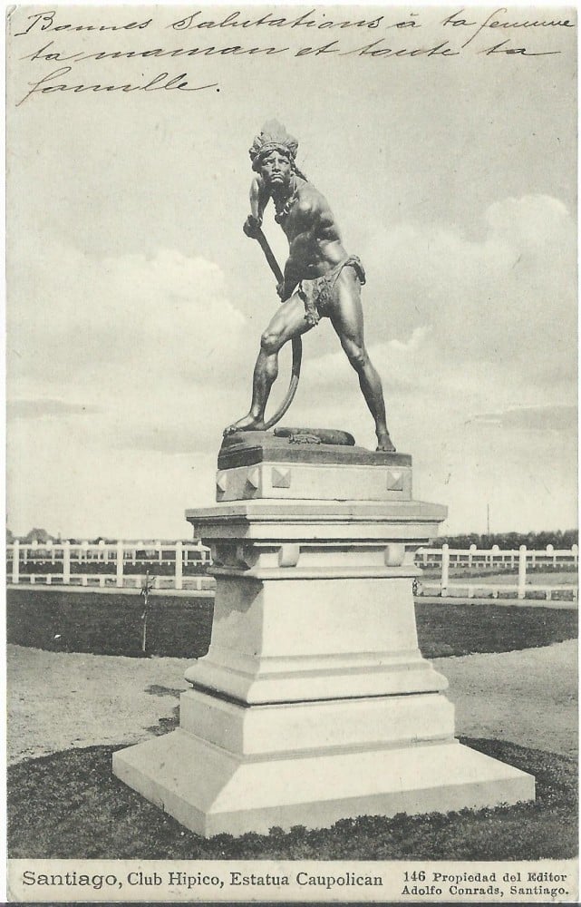 Fotografie: Vedere „Santiago — Club Hípico, statuia lui Caupolicán”, Chile, circulată în 1914