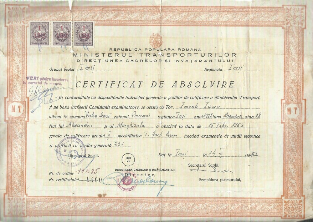 Fotografie: Certificat de absolvire a Școlii de calificare a Ministerului Transporturilor, Iași, 1952