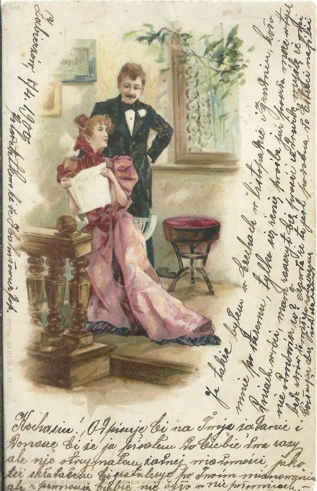 Fotografie: Carte poștală litografiată cu tineri îndrăgostiți, circulată în 1900