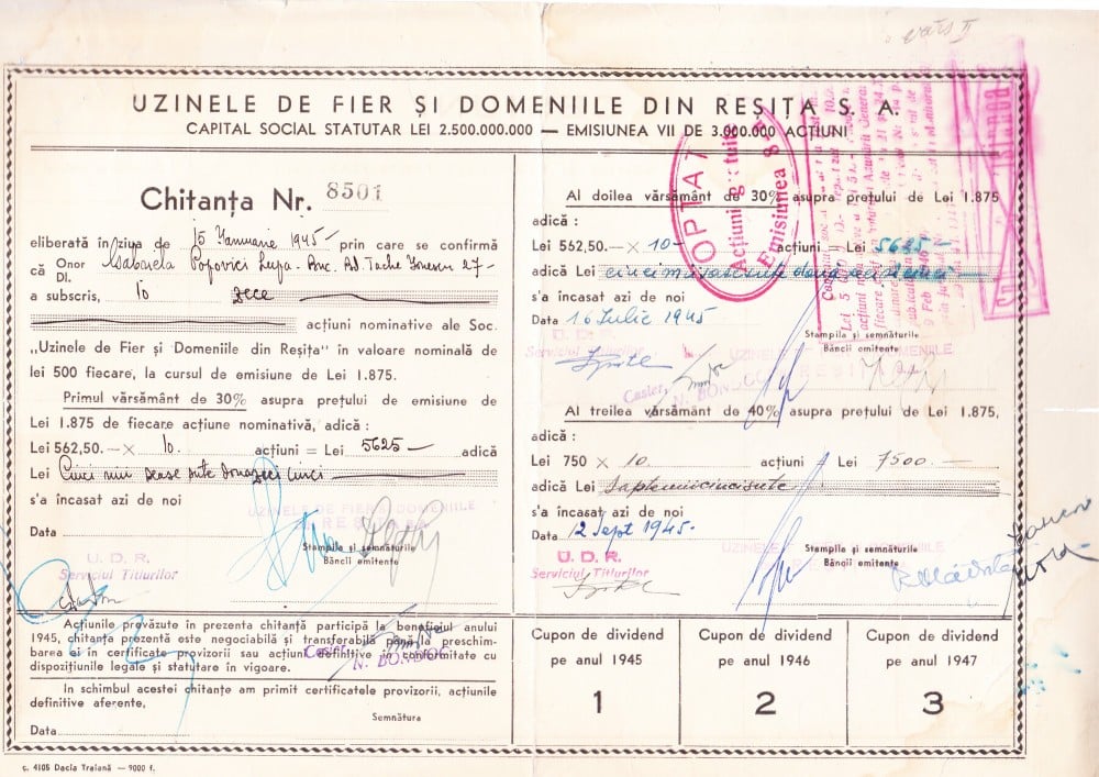 Fotografie: Chitanță pentru acțiuni nominative, Societatea „Uzinele de Fier și Domeniile Reșița”, 1945