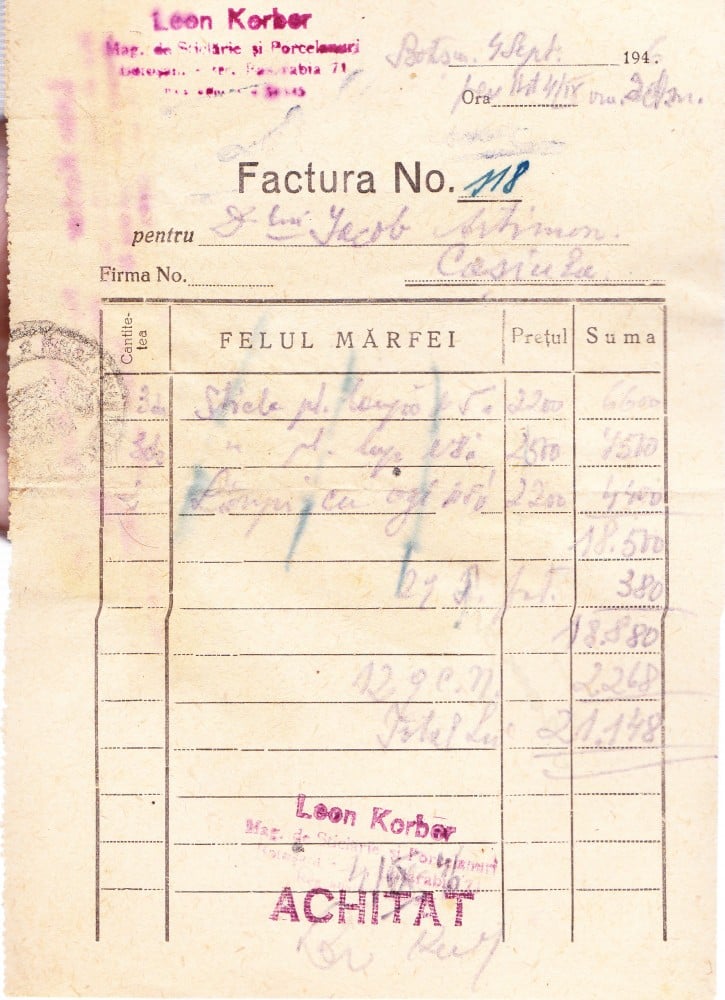Fotografie: Factură Leon Kerber, magazin de sticlărie și porțelanuri, Botoșani, 1946