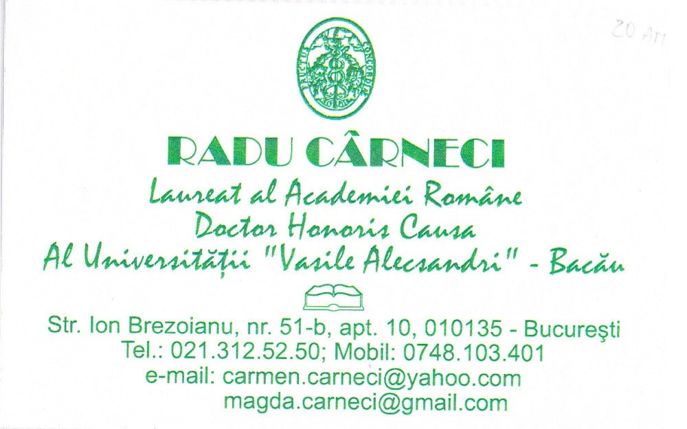 Fotografie: Carte de vizită cu autograful poetului Radu Cârneci