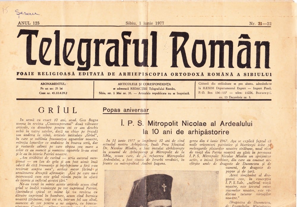 Fotografie: Ziarul „Telegraful Român”, 1977, anul 125, nr. 21–22, Sibiu