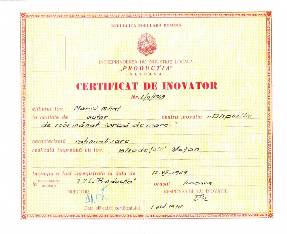 Fotografie: Certificat de inovator — dispozitiv de scărmănat iarbă de mare, Suceava, 1969