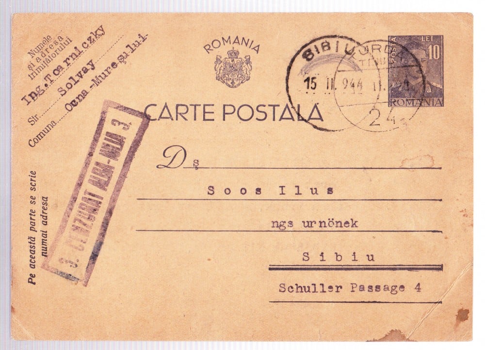 Fotografie: Carte poștală 1944 cu ștampila militară „Cenzurat Alba Iulia 3”