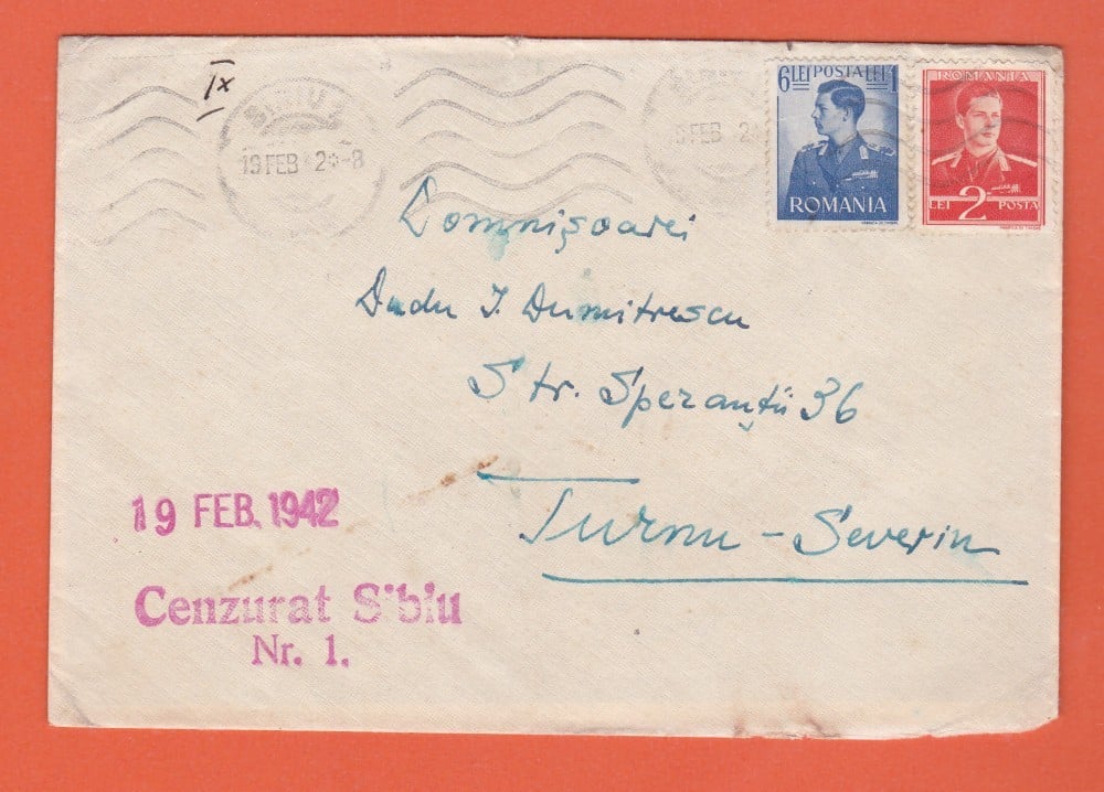 Fotografie: Plic circulat Sibiu — Turnu Severin cu cenzura militară „Sibiu nr. 1”, 1942