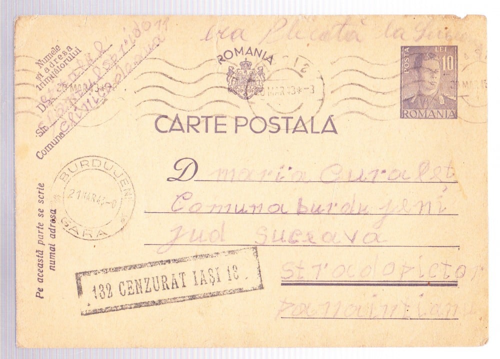 Fotografie: Carte poștală 1943 cu ștampila militară „Cenzurat Iași 18”