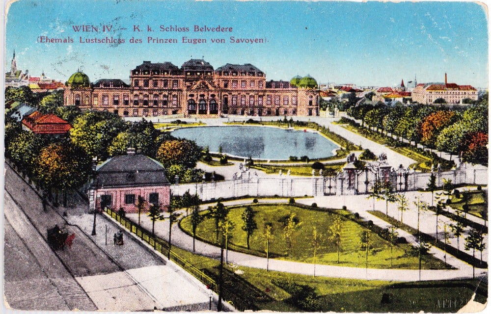 Fotografie: Vedere „Wien IV — K.K. Schloss Belvedere”, circulată în 1916