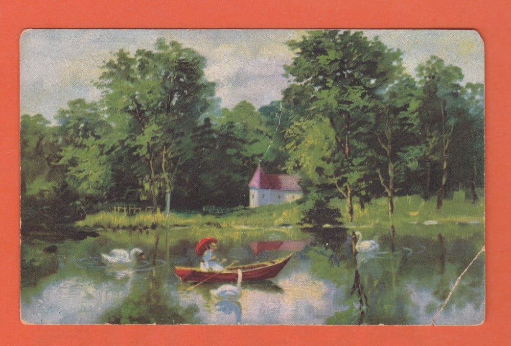 Fotografie: Vedere cu peisaj — lac cu lebede, circulată în 1924