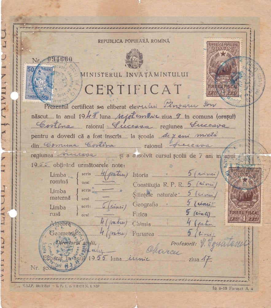 Fotografie: Certificat de absolvire a școlii primare Costâna, Suceava, 1955 — al scriitorului Ioan Pînzar
