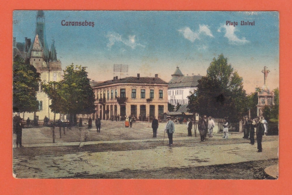 Fotografie: Ilustrată „Caransebeș — Piața Unirii”, 1928, animată, circulată spre Rădăuți