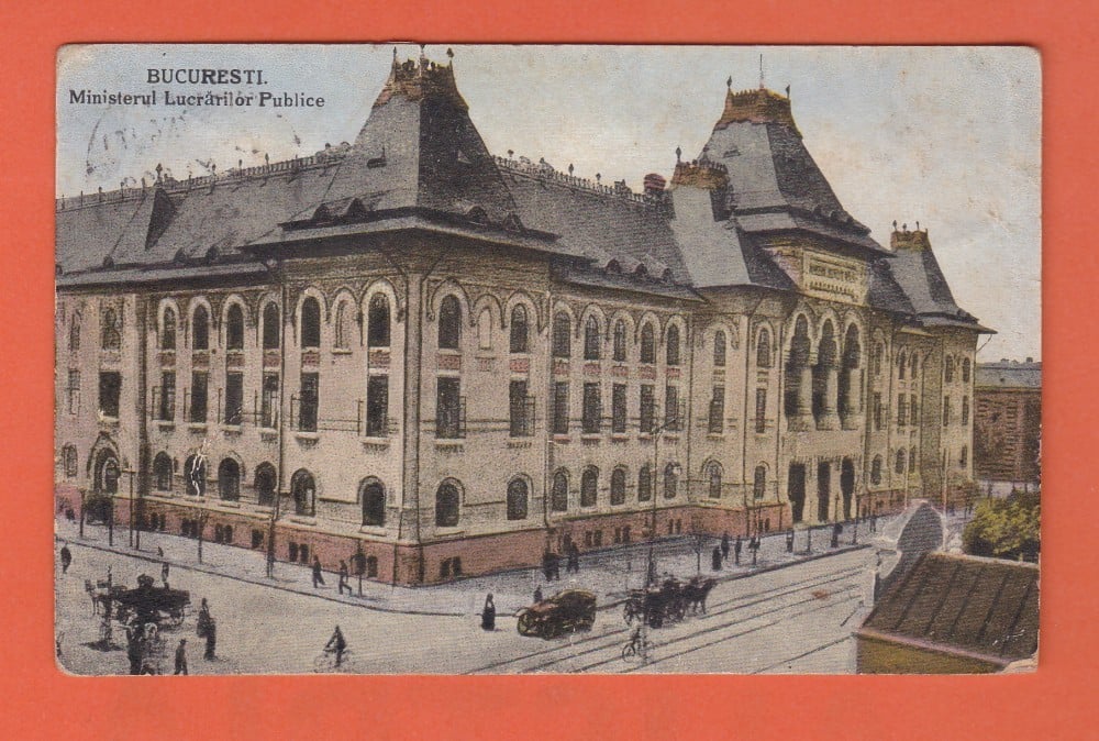 Fotografie: Ilustrată „București — Ministerul Lucrărilor Publice”, 1928, animată, circulată