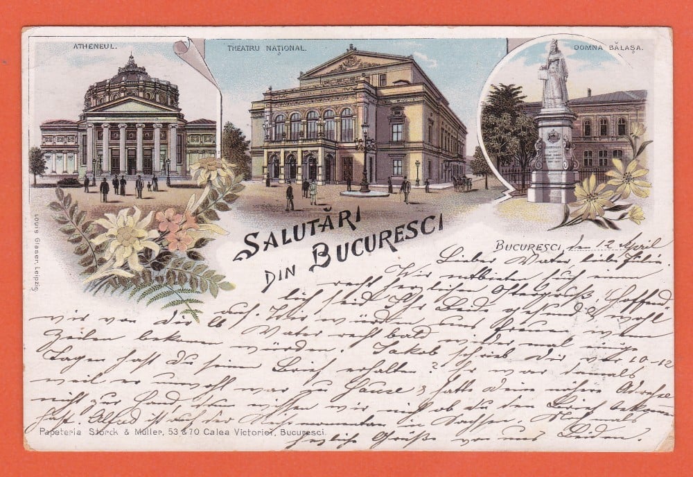 Fotografie: Ilustrată litografiată „Salutări din București — Ateneul, Teatrul Național, Doamna Bălașa”, 1901