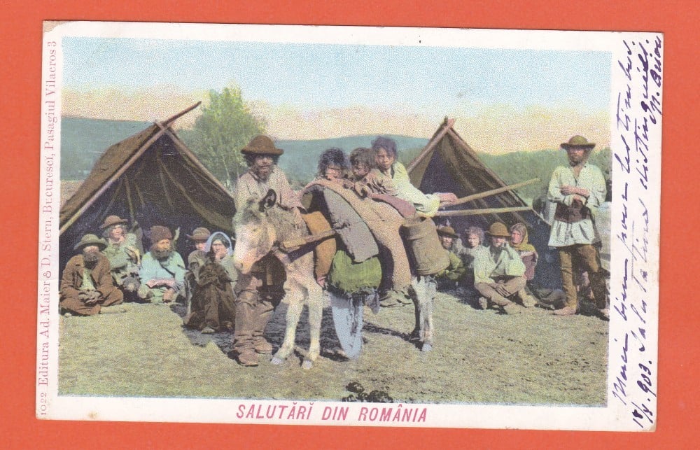 Fotografie: Ilustrată litografiată „Salutări din România — corturari”, 1903, circulată spre Belgia
