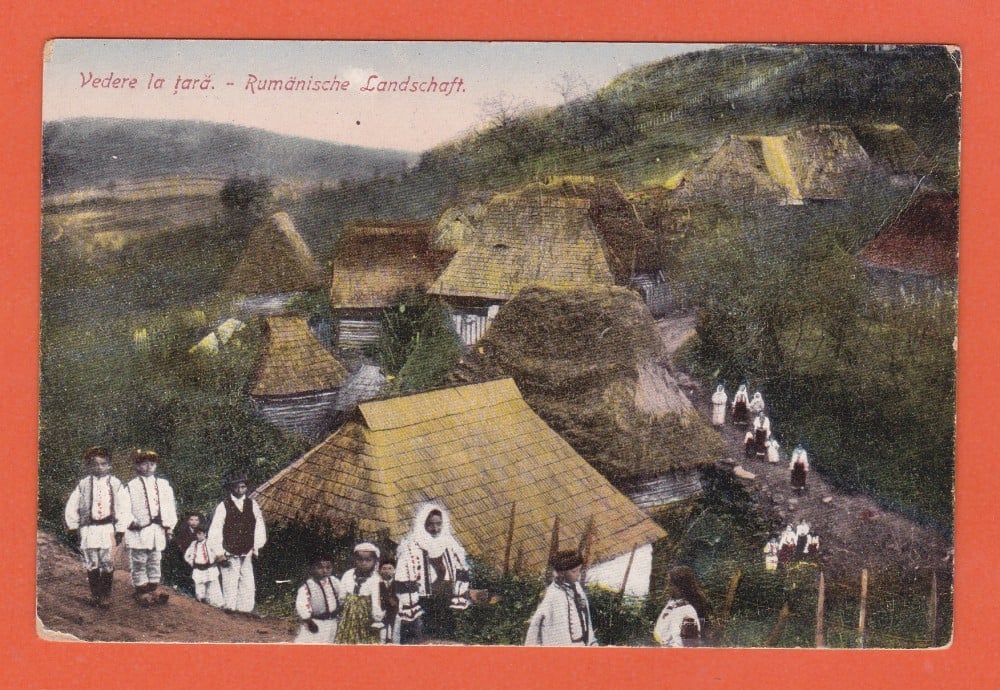 Fotografie: Ilustrată „Rumänische Landschaft — satul românesc”, animată, port popular, necirculată