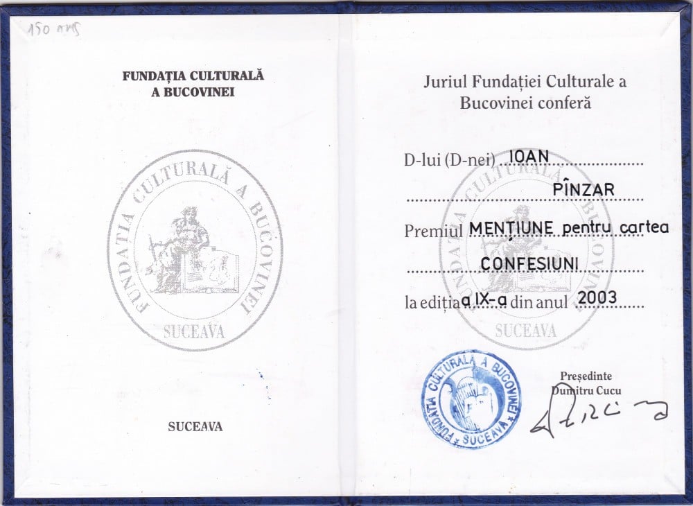 Fotografie: Diplomă — mențiune a Fundației Culturale a Bucovinei pentru scriitorul Ioan Pînzar, 2003, 2003