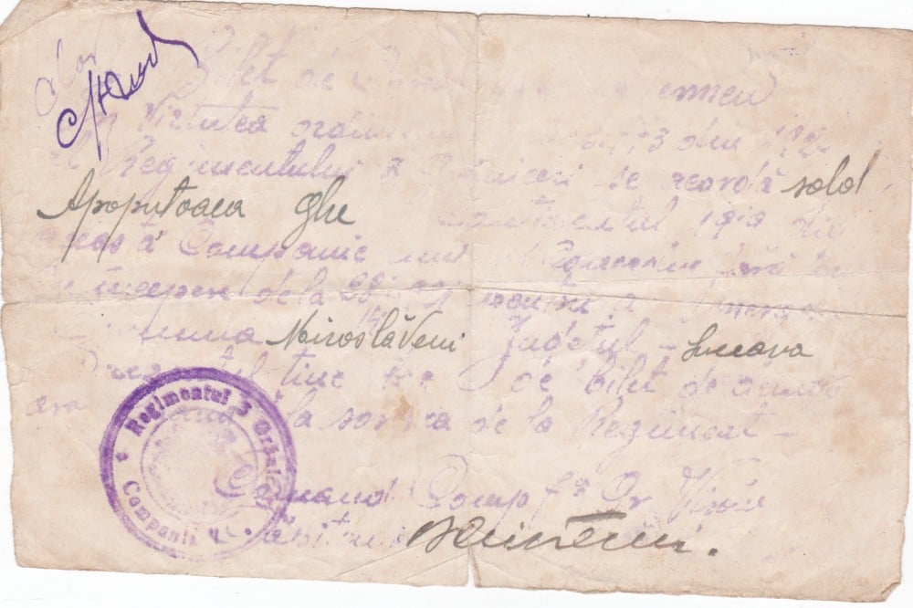 Fotografie: Bilet de voie, Regimentul 3 Grăniceri, județul Suceava, 1919, 1919