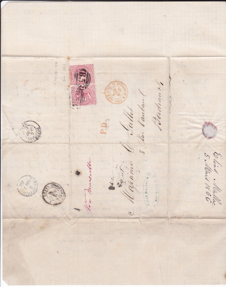 Fotografie: Scrisoare Mauritius, 1866, francatură multiplă (2 × 4 pence, Michel 30b)