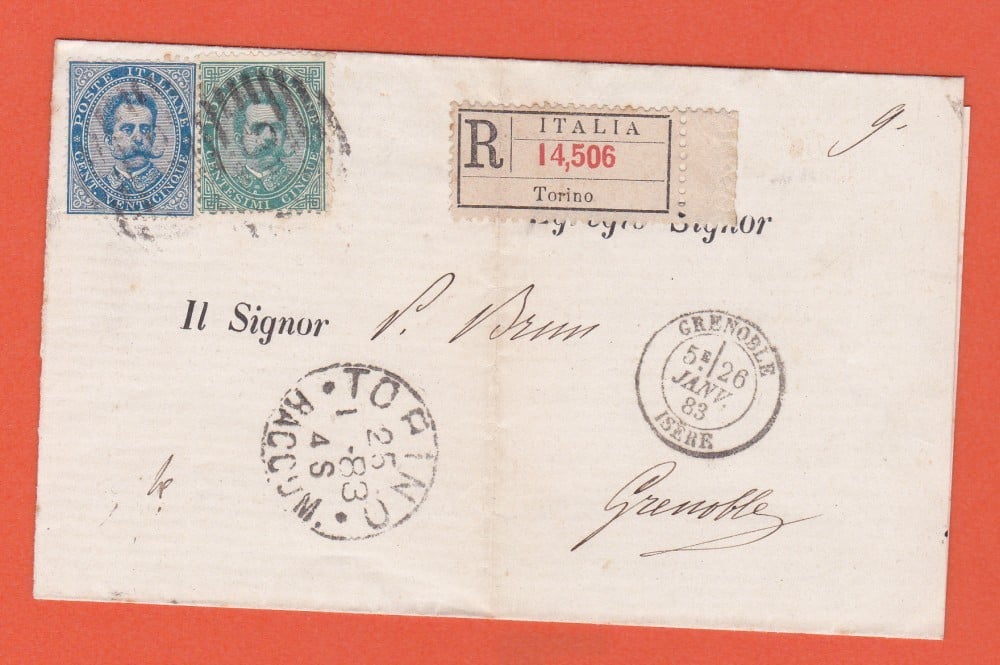 Fotografie: Scrisoare recomandată Italia, 1883, Torino — Grenoble, francatură multiplă, 1983