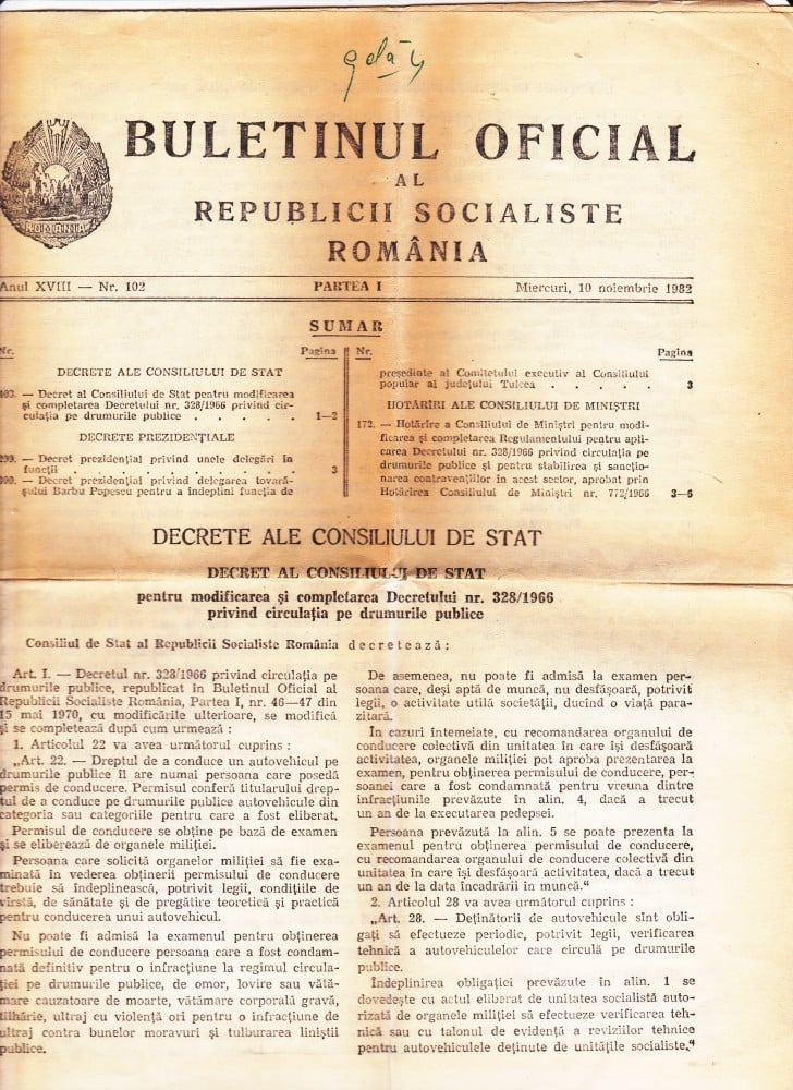 Fotografie: Buletinul Oficial al R.S.R., 10 noiembrie 1982, anul XVIII, nr. 102, 1982