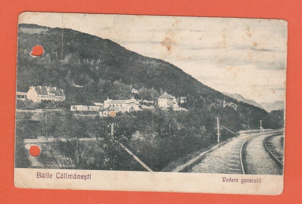 Fotografie: Carte poștală „Băile Călimănești — vedere generală”, 1928, circulată spre Rădăuți, Bucovina, 1928