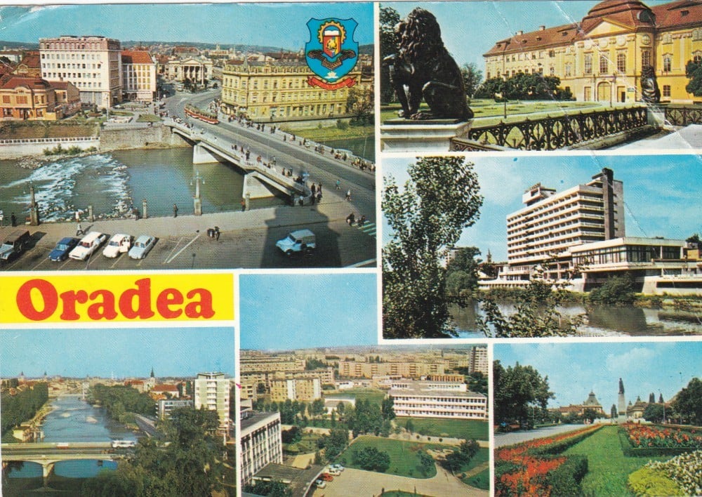 Fotografie: Ilustrată „Oradea — pe malul Crișului Repede, Muzeul Țării Crișurilor, Hotel Dacia”, circulată