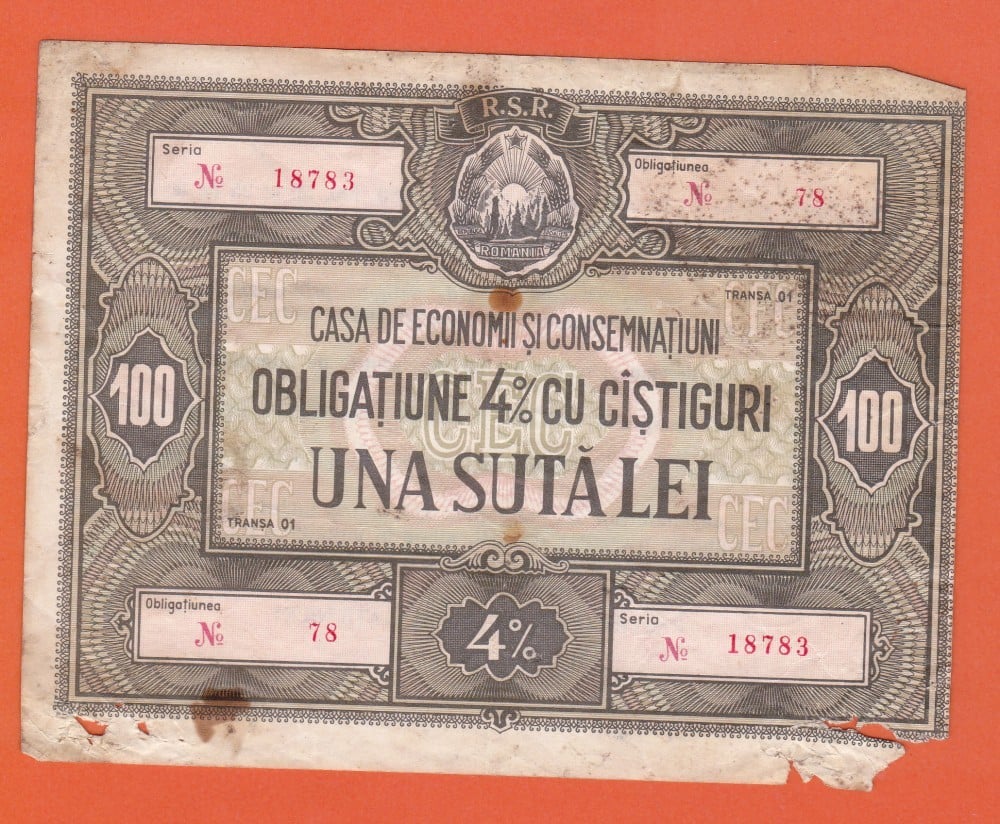 Fotografie: Obligațiune CEC cu câștiguri 4%, 100 de lei, R.S.R. (stare uzată)