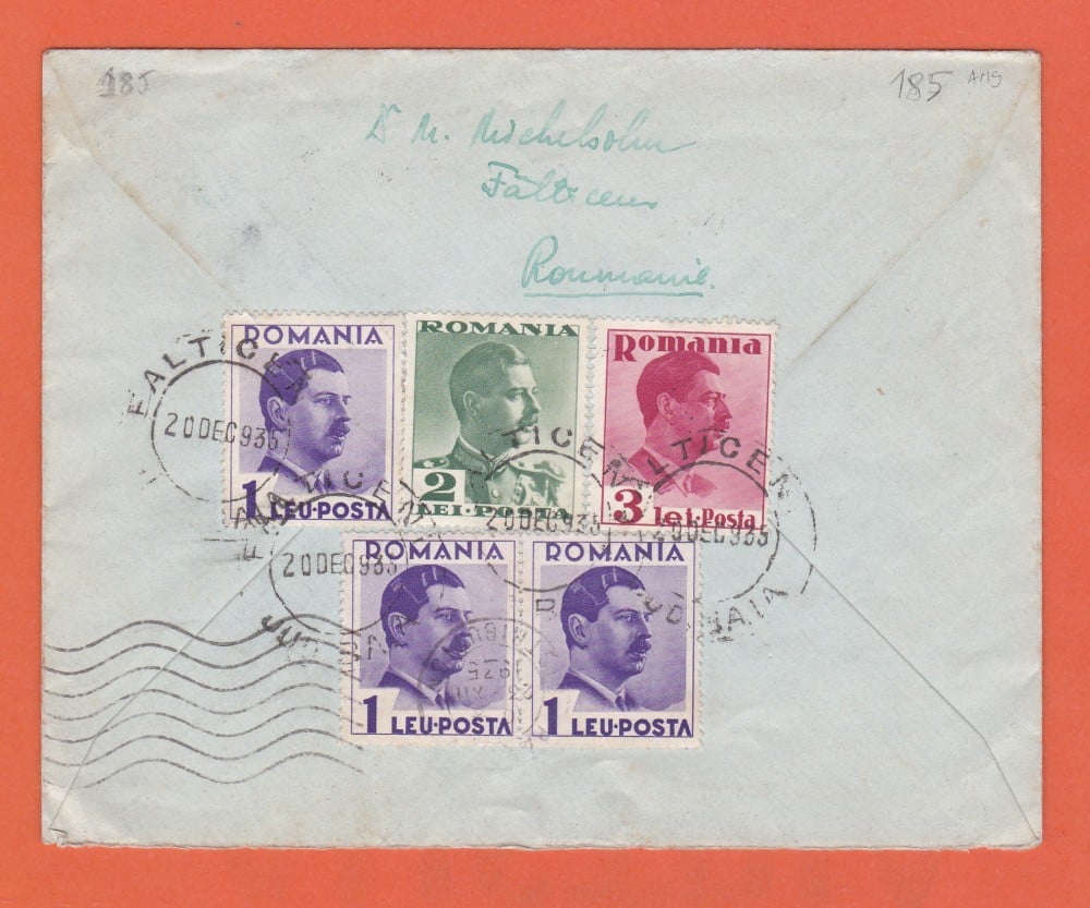 Fotografie: Scrisoare circulată Fălticeni (județul Baia) — Paris, 1935, francatură multiplă