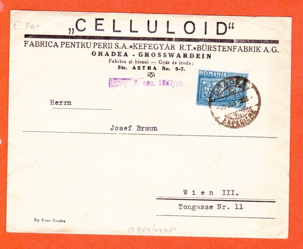 Fotografie: Plic cu antetul fabricii de perii Celluloid din Oradea, circulat spre Viena, 1938