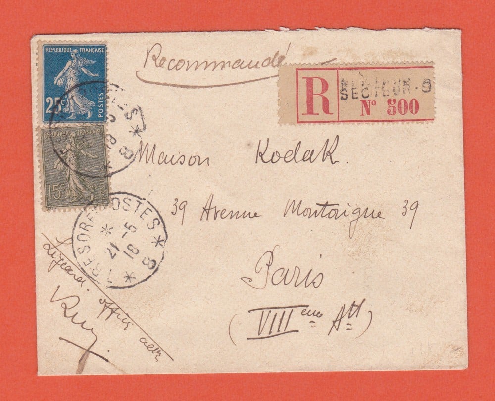Fotografie: Plic recomandat Franța, 1921, francatură multiplă (III)