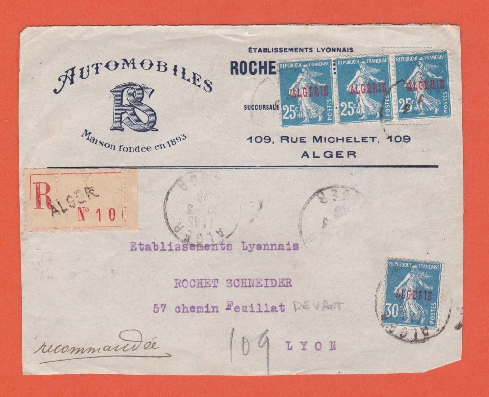 Fotografie: Față de plic recomandat Algeria, 1926, Alger — Lyon, francatură multiplă