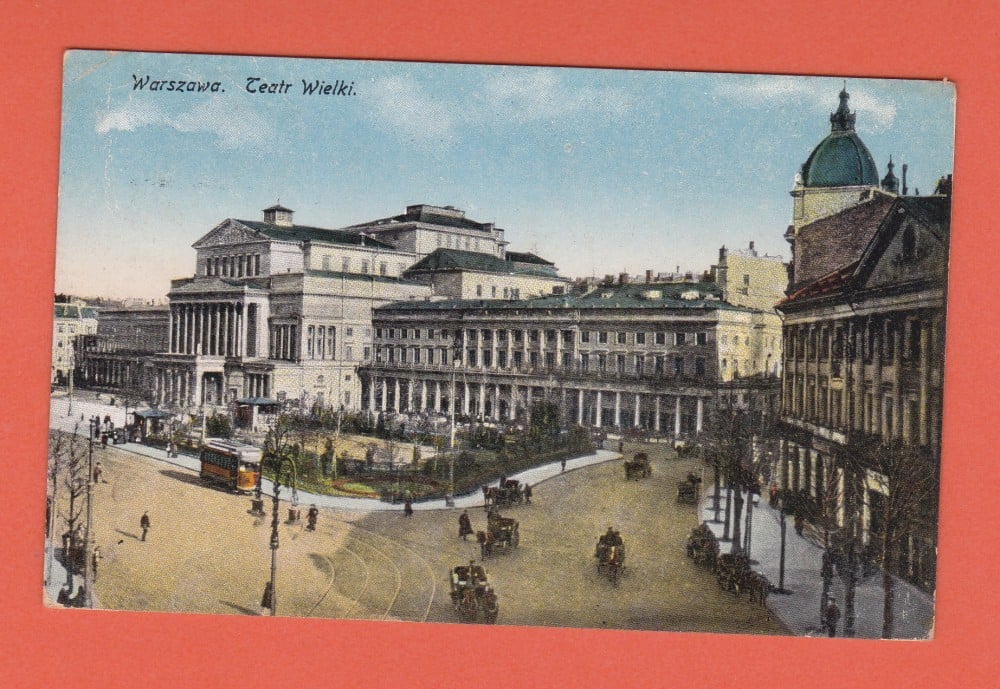 Fotografie: Carte poștală „Varșovia — Teatrul Wielki”, 1920, animată, circulată spre Suceava