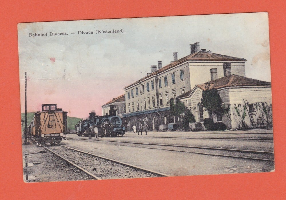 Fotografie: Carte poștală litografiată „Gara Divača, Slovenia — locomotivă”, animată, circulată