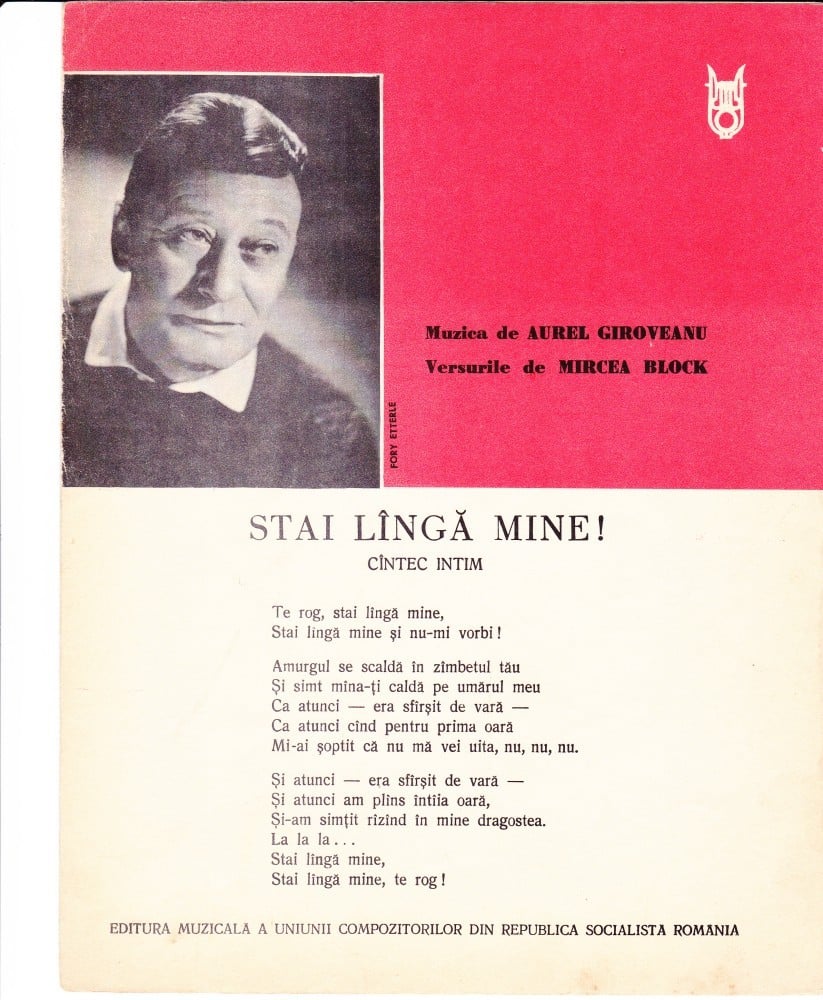 Coperta: Partitură „Stai lângă mine”, muzica Aurel Giroveanu, versuri Mircea Block