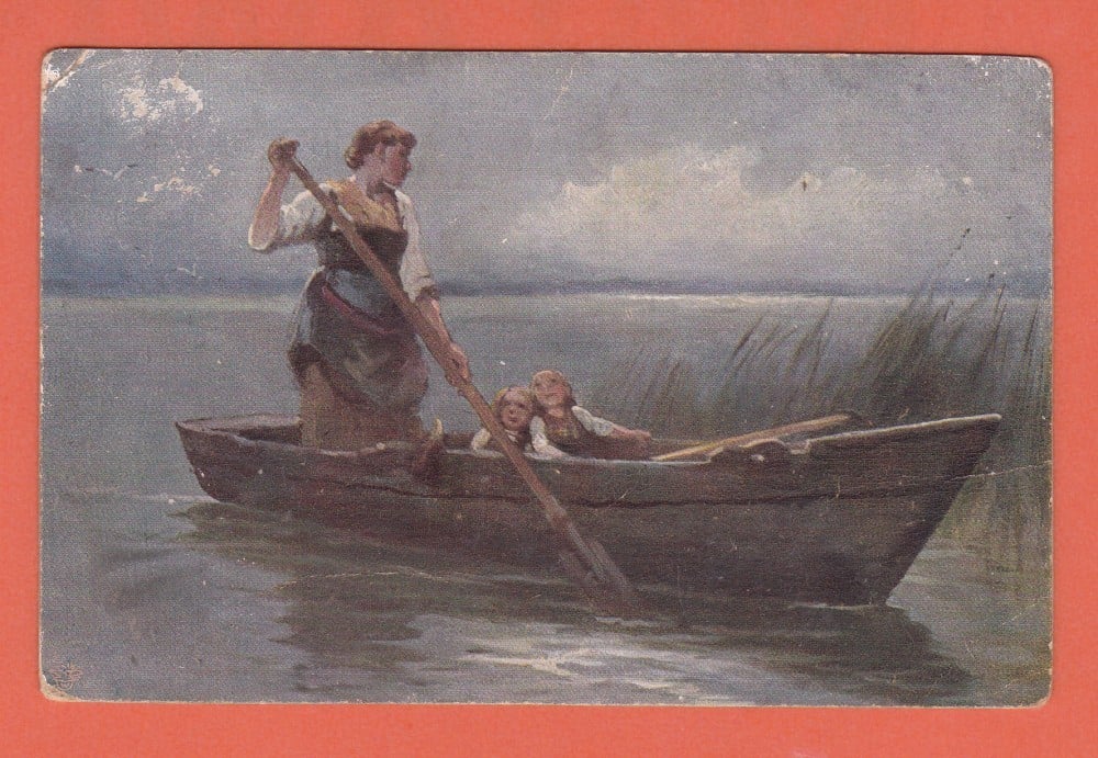 Fotografie: Carte poștală cu o femeie și copii în barcă, 1923, ștampilă specială
