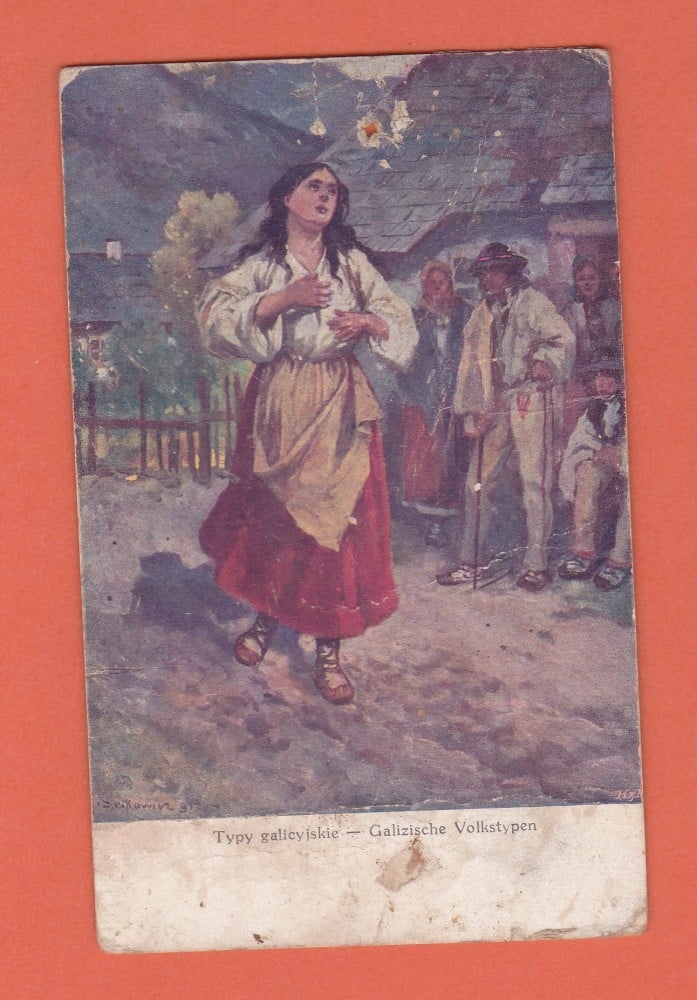 Fotografie: Carte poștală cu o domnișoară în port popular din Galiția, circulată în 1915