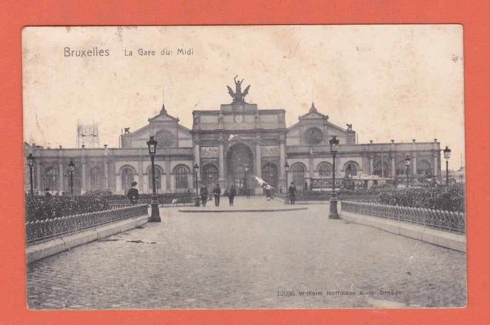 Fotografie: Carte poștală „Bruxelles — La Gare du Midi”, 1912, adresată judecătorului Emil Prodanciuc, Cernăuți