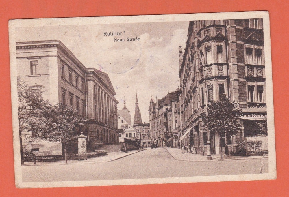 Fotografie: Carte poștală „Ratibor — Neue Straße”, 1920, adresată lui Remus Sbiera, Suceava