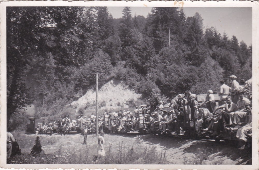 Fotografie: Carte poștală-fotografie „Mocănița din Bucovina”, perioada interbelică, animată