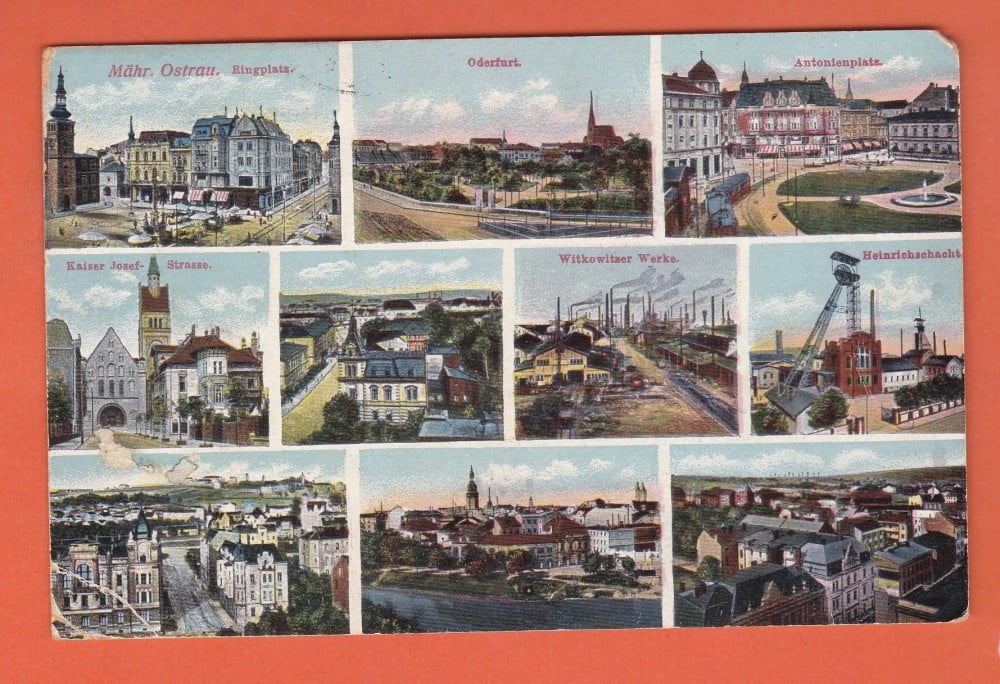 Fotografie: Carte poștală-colaj Ostrava, Cehia, 1925, circulată spre Câmpulung, Bucovina