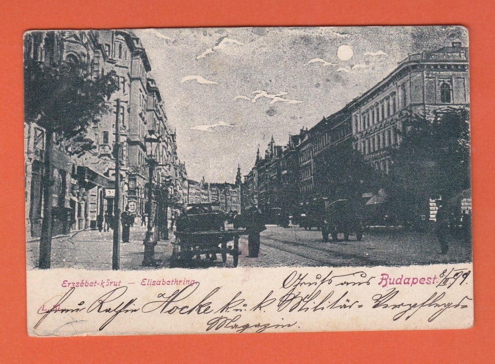 Fotografie: Carte poștală litografiată „Budapesta — Bulevardul Elisabeta”, 1899, circulată spre Suceava